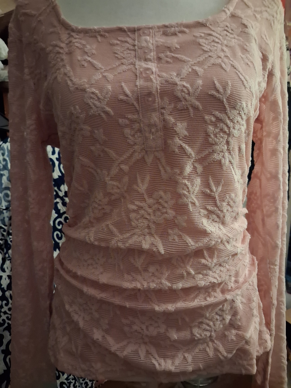 New,Tag,Blush Pink Lace Textured Long- Sheer Sleeve Top,Ruched Waist,Lined Med.